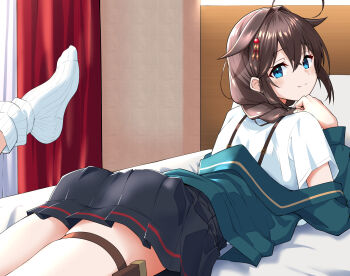1girl absurdres ahoge bed black_hair black_skirt blue_eyes braid curtains green_jacket hair_flaps hair_over_shoulder highres jacket jacket_partially_removed kantai_collection long_hair looking_at_viewer looking_back lying on_stomach pillow pleated_skirt shiba_(zudha) shigure_(kancolle) shigure_(kure_2025)_(kancolle) shigure_kai_san_(kancolle) single_braid skirt socks solo suspenders white_socks