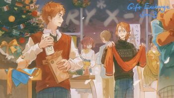 1girl 3boys 3others absurdres axis_powers_hetalia blonde_hair blue_eyes brown_hair christmas christmas_tree commentary czech_republic_(hetalia) english_commentary facial_hair france_(hetalia) gift goatee_stubble highres long_sleeves loudun_ff medium_hair multiple_boys multiple_others necktie open_mouth ponytail scarf shirt short_hair slovakia_(hetalia) smile stubble sweatdrop sweater thick_eyebrows united_kingdom_(hetalia) vest