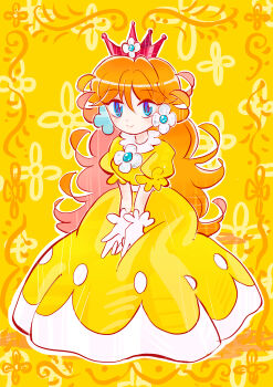 Rule 34 | 1girl, absurdres, blue eyes, brown hair, commentary request, crown, dress, earrings, floral background, flower earrings, gloves, highres, jewelry, long hair, looking at viewer, mario (series), nintendo, orange background, orange dress, princess daisy, puffy short sleeves, puffy sleeves, rakugaki shitagari-ya, short sleeves, smile, white gloves