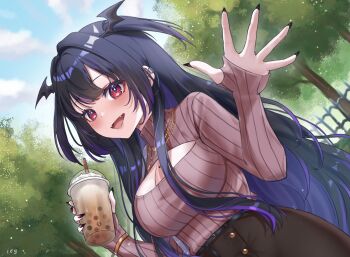 1girl black_hair black_nails black_skirt blush breasts brown_sweater bubble_tea cleavage cleavage_cutout clothing_cutout colored_inner_hair commentary cowboy_shot cup day drinking_straw dutch_angle ear_piercing english_commentary fangs fingernails gold_necklace head_wings highres holding holding_cup icy_artzy indie_virtual_youtuber jewelry large_breasts long_fingernails long_hair long_sleeves looking_at_viewer multicolored_hair mythia_batford nail_polish necklace open-chest_sweater open_hand open_mouth outdoors piercing purple_hair red_eyes ribbed_sweater skirt smile solo sweater tree turtleneck turtleneck_sweater vampire virtual_youtuber waving wings
