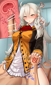 1boy 1girl absurdres amu_(takuya0331) bar_censor braid breasts censored command_spell commentary_request cross-section fate/grand_order fate_(series) fujimaru_ritsuka_(male) hetero highres holding_hands large_breasts long_hair olga_marie_animusphere open_mouth orange_eyes penis sex shirt speech_bubble vaginal white_hair white_shirt