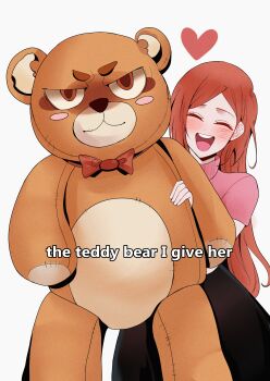 1girl absurdres black_skirt bleach bleach:_epilogue blush blush_stickers bow bowtie commentary_request english_text heart high-waist_skirt highres holding holding_stuffed_toy inoue_orihime long_hair open_mouth orange_hair red_bow red_bowtie sela_(chanppu) skirt smile solo stuffed_animal stuffed_toy sweater teddy_bear turtleneck turtleneck_sweater