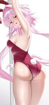 absurdres animal_ear_hairband animal_ears armpits arms_up ass bow bowtie breasts brown_pantyhose detached_collar evernight_(honkai:_star_rail) fake_animal_ears hairband highres honkai:_star_rail honkai_(series) leotard long_hair looking_at_viewer looking_back march_7th_(honkai:_star_rail) medium_breasts moryana pantyhose pink_hair playboy_bunny rabbit_ears rabbit_tail red_eyes red_leotard simple_background strapless strapless_leotard tail white_background