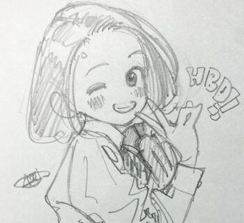 1girl akebi-chan_no_serafuku blush graphite_(medium) happy_birthday highres hiro_(dismaless) long_sleeves one_eye_closed school_uniform signature simple_background solo traditional_media upper_body usagihara_touko v