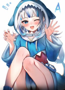 1girl absurdres blue_eyes blue_hair blue_hoodie blush gawr_gura gawr_gura_(1st_costume) highres hololive hololive_english hood hood_up hoodie maru_ccy open_mouth sharp_teeth simple_background sitting solo teeth virtual_youtuber white_background