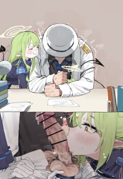 1boy 2girls absurdres arm_rest armband bar_censor black_shirt black_tail blue_archive blue_armband blue_jacket blue_necktie censored clenched_hand closed_eyes closed_mouth collared_shirt conductor cropped_jacket cum cum_on_body demon_tail erection facial facing_another facing_down ffm_threesome full_mouth green_hair green_halo grey_background group_sex halo hat highres hikari_(blue_archive) implied_after_fellatio incest indoors jacket loli long_hair lonklink mosaic_censoring multiple_girls necktie nozomi_(blue_archive) open_clothes open_jacket paper penis pubic_hair sensei_(blue_archive) shirt siblings sidelocks simple_background sisters smile steaming_body sweat table tail tail_around_arm testicles threesome tongue tongue_out top_hat twins twitching white_hat white_jacket