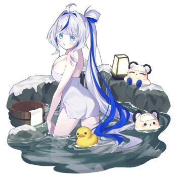 Rule 34 | 1girl, absurdres, ahoge, aokumo rin, ass, bare arms, bare shoulders, blue eyes, blue hair, blush, breasts, chobi (penguin paradise), cleavage, colored eyelashes, commentary request, from behind, grey hair, hair intakes, highres, kneeling, long hair, looking at viewer, looking back, medium breasts, multicolored hair, naked towel, parted lips, ripples, rubber duck, side ponytail, simple background, solo, stellive, streaked hair, towel, very long hair, virtual youtuber, water, white background
