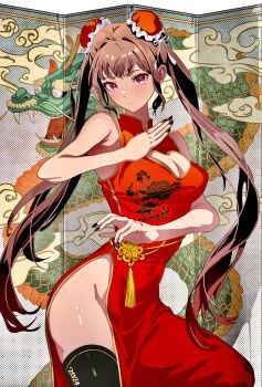 1girl 2024 black_nails black_thighhighs breasts brown_hair bun_cover china_dress chinese_clothes chinese_new_year chinese_zodiac cleavage cleavage_cutout clothing_cutout commentary_request cowboy_shot dragon dress eastern_dragon eyeshadow folding_screen gold_trim good_luck_knot highres large_breasts makeup numao_sub original red_dress red_eyeshadow side_slit sleeveless sleeveless_dress solo thighhighs twintails year_of_the_dragon
