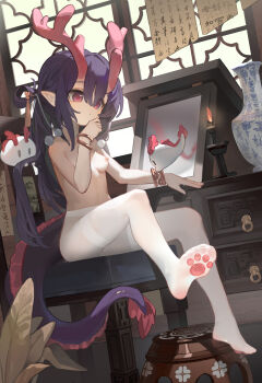 1girl absurdres breasts calligraphy candle commentary_request creature dragon_girl dragon_horns dragon_tail ghost highres horns indoors kele_mimi large_variant_set loli mirror nipples no_shoes original pantyhose paw_print_soles pink_eyes purple_hair qinghua_(porcelain) sitting stool tail toes topless_female variant_set vase white_pantyhose