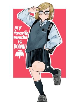 Rule 34 | 1girl, black eyes, blonde hair, collared shirt, commentary request, dress shirt, earrings, glasses, hand on own hip, highres, itochin d, jewelry, loafers, long sleeves, looking at viewer, name tag, necktie, original, pleated skirt, school uniform, shirt, shoes, short hair, skirt, socks, solo, standing, v, white shirt, wing collar