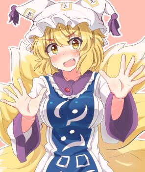 1girl absurdres animal_hat blonde_hair blue_tabard blush breasts commentary_request dress fang fox_tail hat highres kitsune large_breasts long_sleeves looking_at_viewer mob_cap multiple_tails open_mouth outline schinfaxi1996 solo sweat tabard tail touhou white_dress white_outline wide_sleeves yakumo_ran yellow_eyes