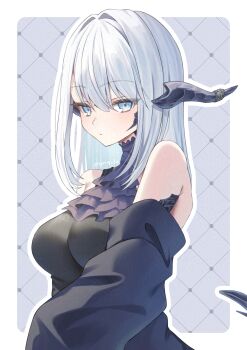 1girl ascot au_ra bare_shoulders black_dress black_jacket blue_eyes breasts dragon_girl dragon_horns dragon_tail dress final_fantasy final_fantasy_xiv highres horns jacket jacket_partially_removed khr_39 long_hair looking_at_viewer purple_ascot scales sleeveless sleeveless_dress solo tail twitter_username warrior_of_light_(ff14) white_hair