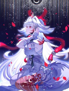 1girl alternate_form animal_ear_fluff animal_ears arm_up armlet bare_shoulders black_hair bracelet breasts china_dress chinese_clothes cowboy_shot dark_background dress droopy_ears falling_petals from_side gradient_hair hairband hashtag-only_commentary highres jewelry leg_tattoo long_hair medium_breasts metal_bracelet multicolored_hair open_mouth petals red_eyes red_hair see-through_horns silver_armlet silver_bracelet sitting solo tail tattoo very_long_hair viclim-monou white_hair white_hairband white_tail ye_shunguang zenless_zone_zero