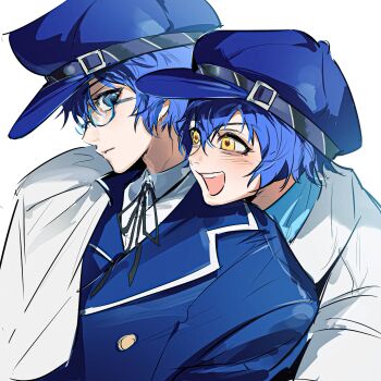 1girl 26duuuu black_ribbon blue-framed_eyewear blue_eyes blue_hair blue_hat blue_jacket closed_mouth commentary from_side glasses hair_between_eyes hat highres hug hug_from_behind jacket long_sleeves looking_at_viewer multiple_views open_mouth persona persona_4 ribbon shadow_naoto shirogane_naoto simple_background sketch smile symbol-only_commentary teeth upper_body upper_teeth_only white_background white_jacket yellow_eyes