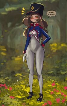 1girl adeline_moutardie basedbinkie black_shoes blue_shrug blush bodysuit brown_eyes brown_hair commentary day english_commentary forest french_text full_body gloves grass grey_bodysuit hand_on_own_hip hat highres long_hair long_sleeves nature notice_lines original outdoors parted_lips shoes shrug_(clothing) smile solo speech_bubble standing tree white_gloves