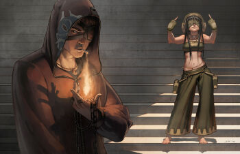 1boy 1girl alternate_breast_size_(larger) alternate_costume avatar:_the_last_airbender avatar_legends baggy_pants barefoot belly_chain black_hair blindfold breasts cigarette contemporary dustsplat eyepatch feet fingerless_gloves fire gloves hood jewelry long_hair middle_finger midriff mundane_utility muscular navel necklace nickelodeon pants pyrokinesis ring smile stairs straight_hair toph_beifong zuko