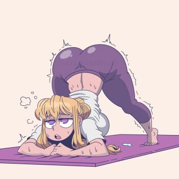 1girl alternate_costume alternate_hairstyle ass blonde_hair breasts hair_bun highres jack-o&#039;_challenge large_breasts leggings long_hair open_mouth purple_eyes sayasushiswag sidelocks solo sportswear spread_legs sweat touhou yakumo_yukari