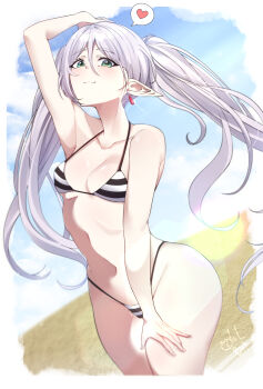 1girl alternate_costume arm_up beach bikini black_bikini blue_sky breasts closed_mouth cloud commentary_request day double-parted_bangs earrings elf frieren green_eyes hair_between_eyes halterneck heart highleg highleg_bikini highres jewelry long_hair long_pointy_ears looking_at_viewer navel outdoors pointy_ears sky small_breasts smile solo sousou_no_frieren spoken_heart stomach string_bikini striped_bikini striped_clothes swimsuit todalbok106 twintails white_bikini white_hair
