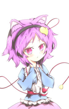 1girl :< animal_ears bad_id bad_pixiv_id blush cat_ears cat_girl female_focus hairband heart kimera komeiji_satori pink_eyes purple_hair short_hair simple_background solo standing touhou white_background
