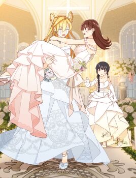 3girls abukuma_(kancolle) alternate_costume anger_vein black_hair blonde_hair blunt_bangs carrying dress elbow_gloves ftgtt_kcl full_body gloves highres indoors kantai_collection kitakami_(kancolle) long_hair multiple_girls ooi_(kancolle) pink_dress princess_carry tears twintails wedding_dress white_dress white_gloves yuri
