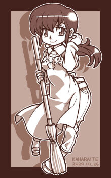 arm_up black_hair broom brown_background chick_print collared_shirt denim harakawa_mitsuhiro holding holding_broom jeans long_hair maison_ikkoku otonashi_kyouko pants piyo_piyo_apron ponytail shirt simple_background