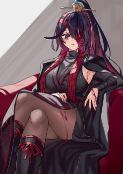 1girl black_bandages black_boots black_coat black_dress black_hair black_shirt blood blood_on_face boots breasts brown_pantyhose coat coat_on_shoulders crossed_legs dress genderswap genderswap_(mtf) high_ponytail highres hong_lu_(project_moon) hongyuan_(identity)_(project_moon) large_breasts limbus_company long_hair looking_at_viewer pantyhose ponytail project_moon red_bandage shiki_(shikki46) shirt sitting solo undershirt very_long_hair wrist_wrap