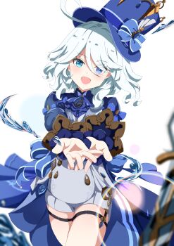 1girl absurdres ahoge aqua_eyes ascot blue_ascot blue_eyes blue_hat blue_jacket blurry blurry_foreground candy07 corset feet_out_of_frame furina_(genshin_impact) genshin_impact grey_corset grey_shorts hair_over_shoulder hat heterochromia highres jacket jewelry lens_flare light_blush long_sleeves looking_at_viewer medium_hair open_mouth original reaching reaching_towards_viewer short_shorts shorts simple_background solo standing thighlet top_hat white_background white_hair
