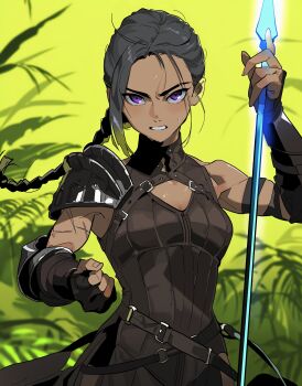 1girl absurdres armor bad_id bad_twitter_id black_gloves black_hair black_shirt braid cleavage_cutout clenched_hand clothing_cutout couter eg58561415 fingerless_gloves forehead gloves green_theme grimace hand_up highres holding holding_polearm holding_weapon long_hair original outdoors pauldrons polearm purple_eyes scar scar_on_arm serious shirt shoulder_armor single_braid single_pauldron sleeveless sleeveless_shirt solo spear sweat upper_body v-shaped_eyebrows weapon