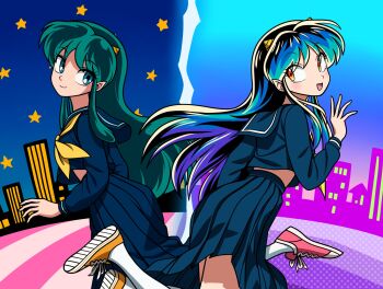 2girls :d blue_eyes blue_hair blue_skirt city closed_mouth commentary_request cone_horns gonggi gradient_hair green_hair highres horns layered_skirt long_hair long_sleeves looking_at_another lum midriff_peek multicolored_hair multiple_girls neckerchief open_mouth pointy_ears red_shoes school_uniform serafuku shoes skirt smile socks star_(symbol) urusei_yatsura white_socks yellow_eyes yellow_neckerchief yellow_shoes