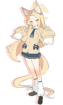 1girl alternate_costume animal_ear_fluff animal_ears black_necktie black_shoes black_skirt blonde_hair blue_archive blush bow bright_pupils cardigan collared_shirt commentary_request drop_shadow extra_ears flower_wreath forehead fox_ears fox_girl fox_tail full_body gyaru halo hands_up hato_haru head_wreath highres kneehighs kogal long_hair long_sleeves looking_at_viewer loose_socks miniskirt multicolored_eyes necktie pink_eyes pleated_skirt school_uniform seia_(blue_archive) shirt shoes simple_background skirt sleeve_bow sleeves_past_fingers sleeves_past_wrists socks solo standing tail tail_bow tail_ornament two-tone_eyes very_long_hair w_arms white_background white_bow white_pupils white_shirt white_socks wide_sleeves yellow_bow yellow_cardigan yellow_eyes yellow_halo