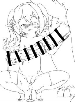 1girl after_vaginal bar_censor bdsm bestiality blush breasts censored closed_eyes collar collarbone commentary_request copyright_request cum cumdrip cumdrip_from_penis ear_tag erection flat_chest greyscale hair_between_eyes hair_ornament hetero highres inverted_nipples leaf_hair_ornament loli long_hair monochrome navel nipples nude penis pointy_ears pussy shima_(temple_is_land) simple_background slave small_breasts smile solo_focus spread_legs squatting tail testicles thighhighs twintails v white_background zoophilia