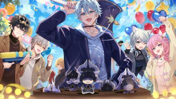 2girls 4boys absurdres animal_ears balloon black_hair black_sweater blue_eyes blue_jacket blue_sky brown_jacket brown_vest caelus_(honkai:_star_rail) cat_ears cat_girl cat_tail cipher_(honkai:_star_rail) commentary cyrene_(aedes_elysiae)_(honkai:_star_rail) cyrene_(honkai:_star_rail) dan_heng_(honkai:_star_rail) english_commentary grey_hair hammer heart_balloon highres holding holding_hammer holding_water_gun honkai:_star_rail honkai_(series) jacket lygus_(honkai:_star_rail) multiple_boys multiple_girls mydei_(honkai:_star_rail) open_mouth phainon_(honkai:_star_rail) pink_hair pink_sweater second-party_source short_hair sky sweater tail trailblazer_(honkai:_star_rail) vest water_gun whac-a-mole white_hair xxchicoxxf