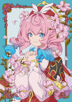 1girl absurdres blue_eyes blue_hair bow capelet cherry_blossoms closed_mouth drill_hair flower gradient_hair hat highres honkai:_star_rail honkai_(series) hyacine_(honkai:_star_rail) long_sleeves looking_at_viewer multicolored_hair own_hands_clasped own_hands_together petals pink_flower pink_hair puffy_long_sleeves puffy_sleeves ruogong_qingyue shirt smile solo twin_drills upper_body white_shirt yellow_pupils