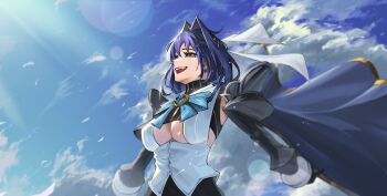 1girl :d absurdres black_gloves black_shirt black_skirt black_sleeves blue_bow blue_bowtie blue_cape blue_eyes blue_gem blue_hair blue_sky bow bow_earrings bowtie breasts brooch cape cloud cropped_shirt day earrings edwin62293123 fangs gem gloves hair_between_eyes hair_intakes hashtag-only_commentary heart heart-shaped_gem heart_brooch highres hololive hololive_english jewelry juliet_sleeves large_breasts layered_shirt lens_flare light_rays long_sleeves open_mouth ouro_kronii ouro_kronii_(1st_costume) outdoors pinstripe_pattern pinstripe_shirt puffy_sleeves shirt short_hair sideless_shirt skirt sky sleeveless sleeveless_shirt smile solo sunbeam sunlight underboob upper_body virtual_youtuber white_shirt zipper