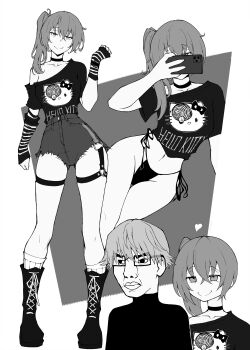 Rule 34 | 1boy, 1girl, :>, :|, absurdres, alternate costume, arm warmers, bikini, boots, c:, cellphone, character print, choker, chudjak, closed mouth, commentary, contemporary, greyscale, hello kitty, hello kitty (character), high-waist shorts, highres, holding, holding phone, jitome, kekel, land (sousou no frieren), meme, monochrome, multiple views, navel, o-ring, o-ring thigh strap, off-shoulder shirt, off shoulder, phone, rectangular eyewear, sanrio, shirt, short hair, short sleeves, shorts, side-tie bikini bottom, side ponytail, smartphone, smile, socks, sousou no frieren, swimsuit, thigh gap, thigh strap, thighs, ubel (sousou no frieren), uzumaki spiral head girl (meme), v-shaped eyebrows