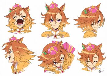 Rule 34 | 1girl, animal ears, armor, closed eyes, closed mouth, commentary, crown, ear ornament, ear piercing, english commentary, gold armor, hair between eyes, highres, horse ears, horse girl, laughing, looking at viewer, mergeritter, mini crown, multiple expressions, open mouth, orange hair, piercing, pink crown, portrait, purple eyes, shirt, short hair, shoulder armor, simple background, smile, t.m. opera o (o sole suo!) (umamusume), t.m. opera o (umamusume), teeth, umamusume, white background, white shirt