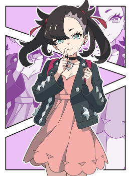 1girl asymmetrical_bangs black_choker black_hair black_jacket breasts choker closed_mouth collarbone commentary_request cowboy_shot dress earrings hair_ribbon highres index_finger_raised jacket jewelry kanbei_(pixiv11037490) looking_at_viewer marnie_(pokemon) nail_polish nintendo pink_dress pokemon pokemon_swsh red_ribbon ribbon single_earring small_breasts solo twintails zoom_layer