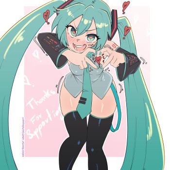 1girl absurdres black_thighhighs blush commentary detached_sleeves english_commentary four-finger_heart_hands green_eyes green_hair green_nails green_necktie grey_shirt hatsune_miku heart heart-shaped_pupils heart_hands highres long_hair looking_at_viewer necktie open_mouth pink_background piutahayo shiny_skin shirt simple_background skindentation smile solo subscribestar_username symbol-shaped_pupils teeth thank_you thighhighs twintails two-tone_background vocaloid white_background