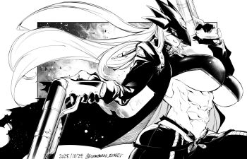 1girl abs artist_name beelstarmon black_gloves breasts commentary cropped_jacket dated digimon digimon_(creature) female_focus gloves gun highres holding holding_gun holding_weapon large_breasts looking_at_viewer mask monochrome nomomono_eraser pants simple_background third_eye twitter_username underboob weapon white_background