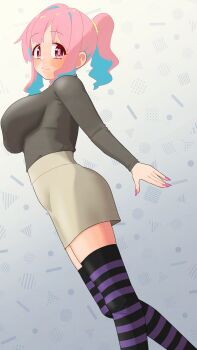 Rule 34 | 1girl, black shirt, blue hair, blush, breasts, commentary, fingernails, gradient background, grey background, grey skirt, happyundergate, highres, hozuki kaede, impossible clothes, impossible shirt, large breasts, long fingernails, long sleeves, looking at viewer, medium hair, multicolored hair, nail polish, onii-chan wa oshimai!, pink hair, pink nails, ponytail, red eyes, shirt, sidelocks, simple background, skirt, smile, solo, striped clothes, striped thighhighs, thighhighs, two-tone hair, zettai ryouiki