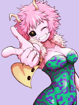 1girl aqua_bodysuit ashido_mina bodysuit boku_no_hero_academia breasts cleavage colored_skin covered_navel cutterhappa female_focus horns large_breasts multicolored_bodysuit pink_skin solo superhero_costume wide_hips yellow_horns