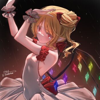 1girl 2091966 alternate_costume armpits backless_dress backless_outfit bare_shoulders blonde_hair blush bow cowboy_shot crystal crystal_wings dancing dress flandre_scarlet from_side hand_up hat hat_ribbon highres long_hair looking_at_viewer mob_cap pointy_ears red_bow red_eyes red_ribbon ribbon side_ponytail solo tears touhou white_dress wings wrist_cuffs