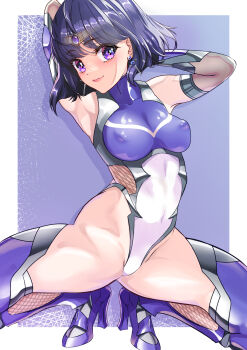 1girl absurdres arion_canvas armpits arms_behind_head bishoujo_senshi_sailor_moon black_hair bow breasts circlet covered_erect_nipples earrings elbow_gloves gem gloves high_heels highleg highleg_leotard highres jewelry leotard purple_eyes purple_gemstone purple_hair purple_leotard purple_thighhighs revision sailor_saturn short_hair small_breasts solo split spread_legs stud_earrings taimanin_(series) taimanin_suit thighhighs tomoe_hotaru