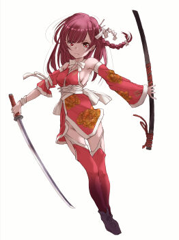 1girl absurdres bare_shoulders braid commentary_request detached_sleeves floral_print floral_print_kimono full_body highres holding holding_sheath holding_sword holding_weapon japanese_clothes katana kimono looking_at_viewer magia_record:_mahou_shoujo_madoka_magica_gaiden mahou_shoujo_madoka_magica marutaya no_panties pink_eyes pink_hair print_kimono red_kimono red_thighhighs sheath side_braid simple_background solo sword thighhighs tokiwa_nanaka weapon white_background