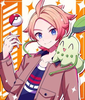 1boy ^_^ ahoge arm_up ben-day_dots blue_eyes chikorita closed_eyes closed_mouth collarbone collared_jacket commentary_request crew_neck dutch_angle gen_2_pokemon gradient_hair highres inset_border jacket leaf long_sleeves looking_at_viewer male_focus motiumai multicolored_hair nintendo on_shoulder open_clothes open_jacket open_mouth pink_hair poke_ball poke_ball_(basic) pokemon pokemon_(creature) pokemon_legends:_z-a pokemon_on_shoulder print_shirt screentones shirt short_hair smile solo sparkle tongue urbain_(pokemon) wing_collar