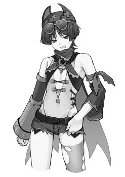 Rule 34 | 1boy, animal ear headwear, armband, armpit crease, arms at sides, asymmetrical sleeves, bandeau, bare shoulders, beanie, blunt ends, cape, cleavage cutout, clenched teeth, clothing cutout, contrapposto, cosplay, cowboy shot, cropped legs, cross-laced clothes, cross-laced sleeves, cross-laced top, denim, denim shorts, detached sleeves, eyelashes, eyeliner, eyeshadow, fake animal ears, genshin impact, greyscale, hat, highleg, highleg leotard, highres, jahoda (genshin impact), jahoda (genshin impact) (cosplay), leotard, looking at viewer, makeup, male focus, mismatched sleeves, monochrome, pectoral cleavage, pectorals, scaramouche (genshin impact), scarf, short shorts, shorts, skindentation, solo, sweatdrop, teeth, thighhighs, torn clothes, torn thighhighs, tsurime, wispy bangs, yamabuki (yamabuki xxxxx)