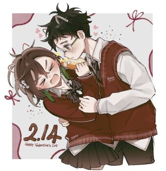 Rule 34 | > <, 1boy, 1girl, arm around back, ayase momo, black hair, black pants, black skirt, blush, border, bow, bowtie, box, brown eyes, brown hair, character name, closed eyes, collared shirt, comimingming, commentary, couple, cowboy shot, cropped legs, crossed bangs, dandadan, dated, diagonal-striped bow, diagonal-striped bowtie, diagonal-striped clothes, diagonal-striped necktie, drawn ears, earrings, furrowed brow, glasses, grey background, hair between eyes, happy valentine, heart-shaped box, hetero, holding, holding box, jewelry, long sleeves, looking at another, medium hair, necktie, open mouth, pants, pleated skirt, red sweater vest, round eyewear, shirt, shirt under sweater, short hair, skirt, sparkle, striped bow, striped bowtie, striped clothes, striped necktie, sweater vest, takakura ken (dandadan), untranslatable commentary, white border, white shirt