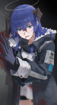 1girl absurdres against_wall arknights black_coat black_gloves black_shorts blood blood_on_clothes blood_on_face blue_eyes blue_hair blurry coat cowboy_shot depth_of_field fur-trimmed_hood fur_trim gloves halo highres hood hood_down hooded_coat horns jinsei_tsuraiman long_hair long_sleeves looking_at_viewer mostima_(arknights) open_clothes open_coat parted_lips shirt short_shorts shorts smile solo white_shirt