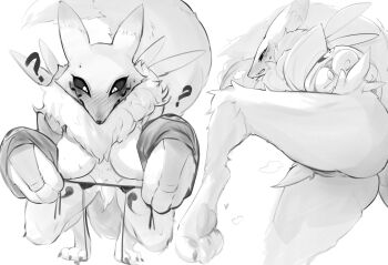 1girl 3gs ? animal_ears animal_feet animal_nose ass barefoot bikini blush body_fur breasts breath bridal_gauntlets claws cleft_of_venus colored_sclera digimon digimon_(creature) embarrassed facial_mark feet female_focus fox_ears fox_girl fox_tail full_body furry furry_female greyscale half-closed_eyes hands_up heart highres holding holding_bikini holding_bikini_top holding_swimsuit holding_unworn_clothes large_breasts leaning_forward leg_tattoo leg_up legs looking_at_viewer looking_down mature_female monochrome multiple_views neck_fur nervous nervous_sweating nipples nose_blush nude open_mouth pawpads pussy renamon sideways_mouth simple_background sketch snout soles squatting standing standing_on_one_leg steam steaming_body straight-on string_bikini sweat swimsuit tail tail_raised tattoo thick_thighs thighs toes uncensored unworn_bikini_top unworn_swimsuit white_background yin_yang