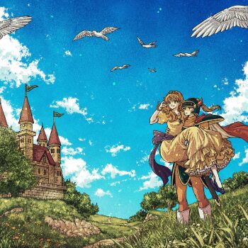 1boy 1girl armor back_bow bird blue_eyes blue_helmet blue_sky bodysuit bow cape carrying castle closed_mouth commentary_request dove dragon_quest dragon_quest_i dress elbow_gloves fake_horns floating_hair gloves hand_in_own_hair helmet hero_(dq1) highres horned_helmet horns jewelry long_hair looking_to_the_side necklace orange_bodysuit orange_hair princess_carry princess_laura puffy_short_sleeves puffy_sleeves purple_bow purple_sash red_cape sash short_sleeves sky tiara toriga white_gloves yellow_dress